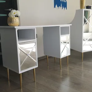 Lustrzane białe biurko kosmetyczne do manicure glamour (z lustrem srebrnym + metalowe nogi)