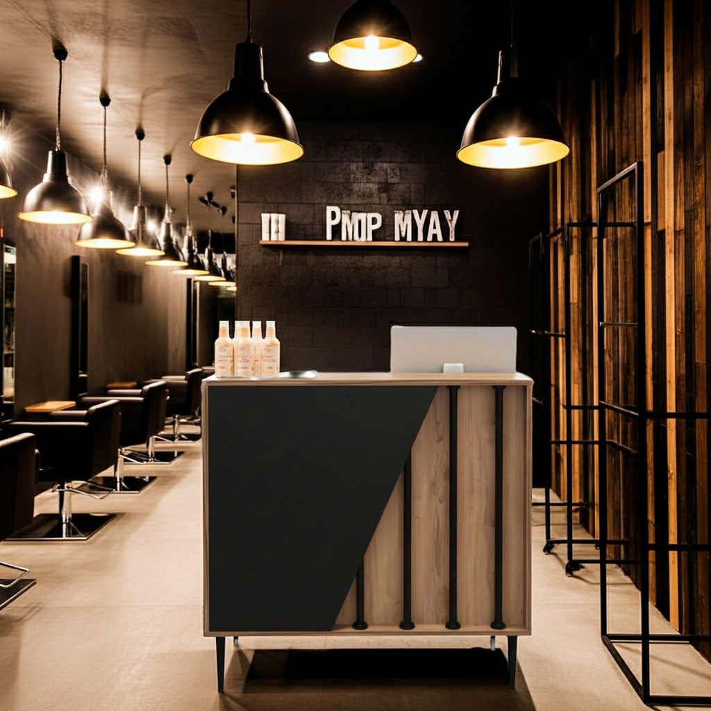 recepcja fryzjerska, recepcja drewniana, recepcja loft
